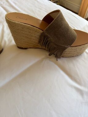 Chloé Tan Suede Fringe Espadrille Platform Wedge